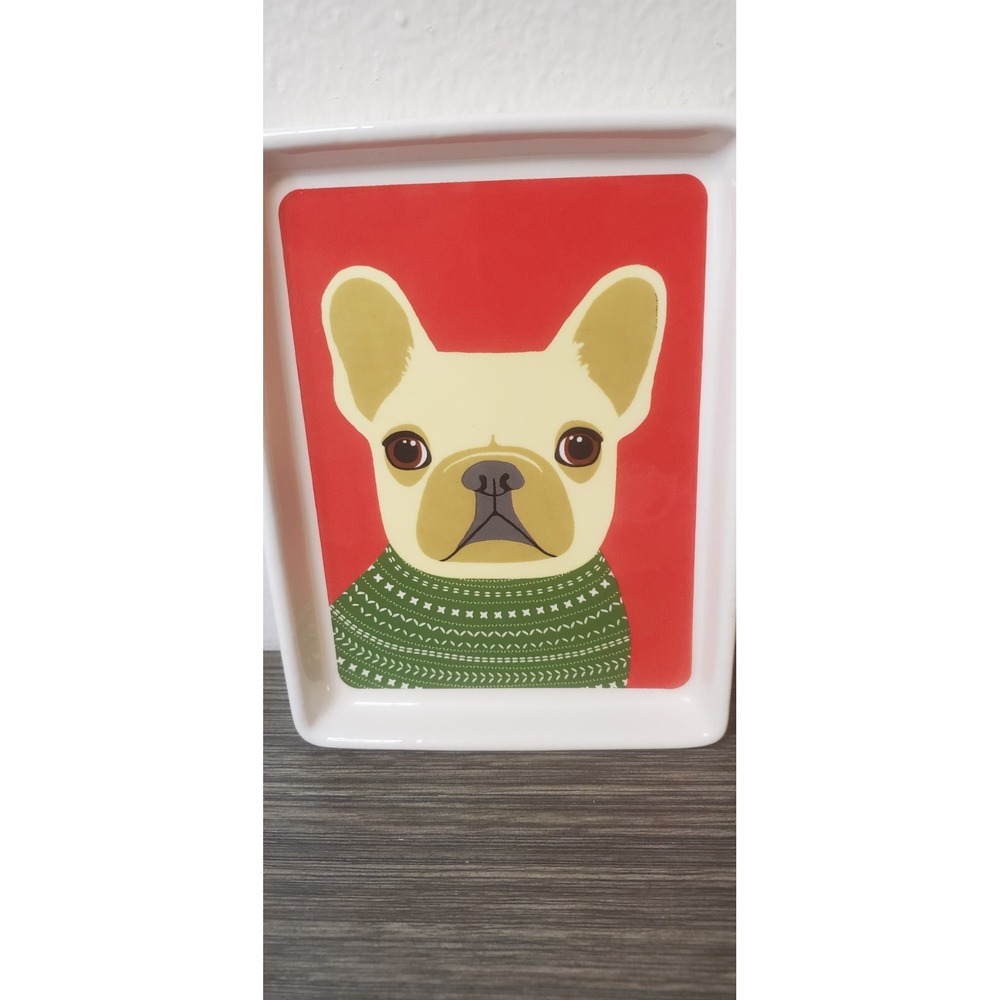 Magenta Trinket Dish Tray Dog Plate French Bulldog Hipster Collection 5"W 7"L